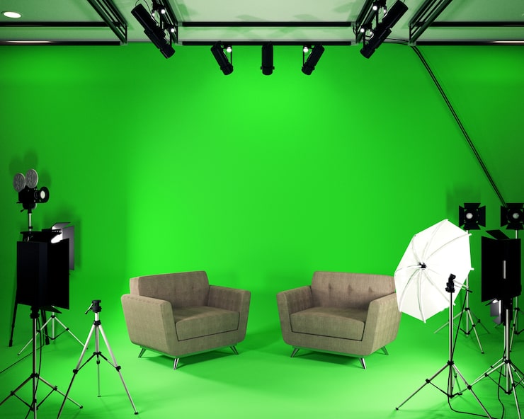 Estúdio de chroma key com fundo verde